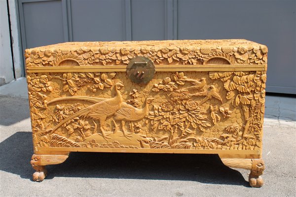 Vintage Hand Carved Maple Chest Trunk with Peacocks Birds and Lotus Flower, 1940s-EH-733733