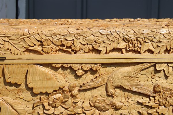 Vintage Hand Carved Maple Chest Trunk with Peacocks Birds and Lotus Flower, 1940s-EH-733733