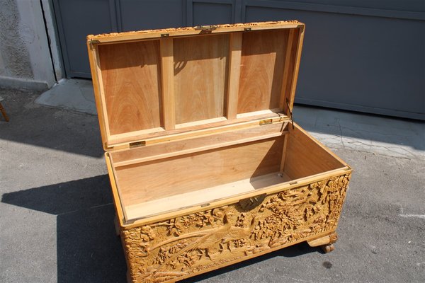 Vintage Hand Carved Maple Chest Trunk with Peacocks Birds and Lotus Flower, 1940s-EH-733733