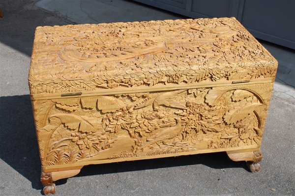 Vintage Hand Carved Maple Chest Trunk with Peacocks Birds and Lotus Flower, 1940s-EH-733733