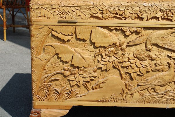 Vintage Hand Carved Maple Chest Trunk with Peacocks Birds and Lotus Flower, 1940s-EH-733733