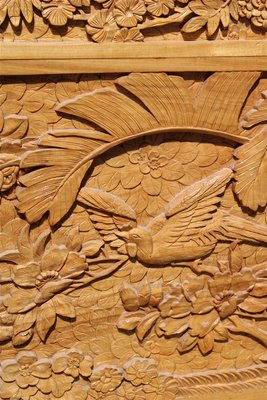 Vintage Hand Carved Maple Chest Trunk with Peacocks Birds and Lotus Flower, 1940s-EH-733733