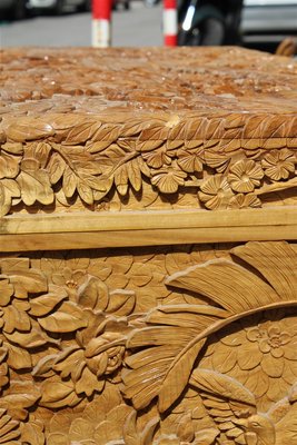 Vintage Hand Carved Maple Chest Trunk with Peacocks Birds and Lotus Flower, 1940s-EH-733733