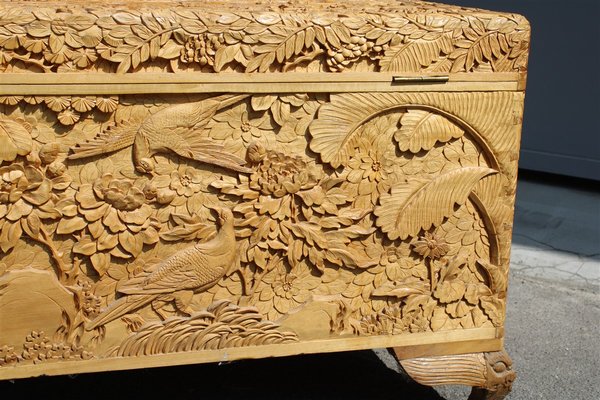 Vintage Hand Carved Maple Chest Trunk with Peacocks Birds and Lotus Flower, 1940s-EH-733733