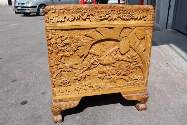 Vintage Hand Carved Maple Chest Trunk with Peacocks Birds and Lotus Flower, 1940s-EH-733733