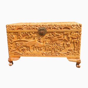 Vintage Hand Carved Maple Chest Trunk with Peacocks Birds and Lotus Flower, 1940s-EH-733733