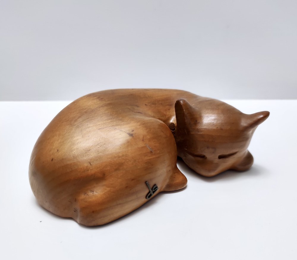 Vintage Hand Carved Wooden Sleeping Cat by De Stijl, 1980s