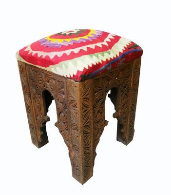 Vintage Hand-Carved Wooden Stoll Chair, Afghanistan-UZN-1427929