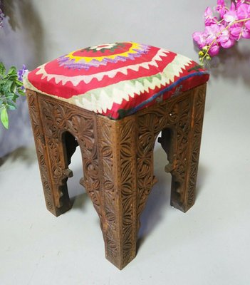 Vintage Hand-Carved Wooden Stoll Chair, Afghanistan-UZN-1427929