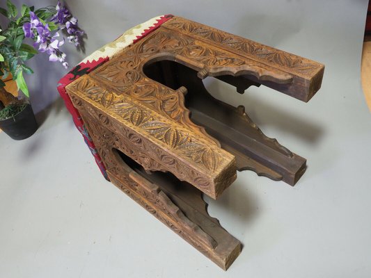 Vintage Hand-Carved Wooden Stoll Chair, Afghanistan-UZN-1427929