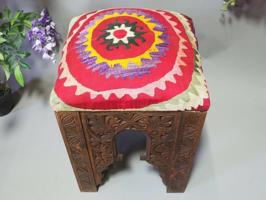 Vintage Hand-Carved Wooden Stoll Chair, Afghanistan-UZN-1427929