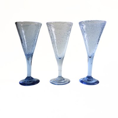 Vintage Handmade Tall Wine Glasses in Light Blue, Set of 3-JKV-1822209