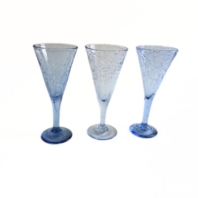 Vintage Handmade Tall Wine Glasses in Light Blue, Set of 3-JKV-1822209