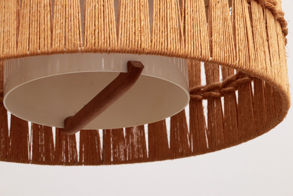 Vintage Hanging Lamp in Teak and Raffia from Temde, Germany, 1960s