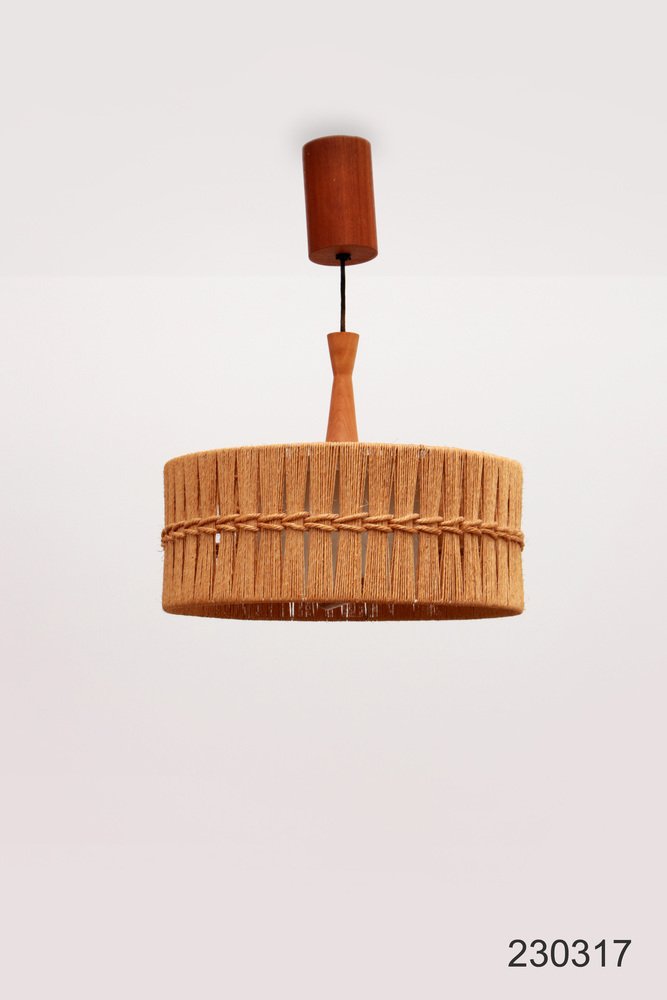 Vintage Hanging Lamp in Teak and Raffia from Temde, Germany, 1960s