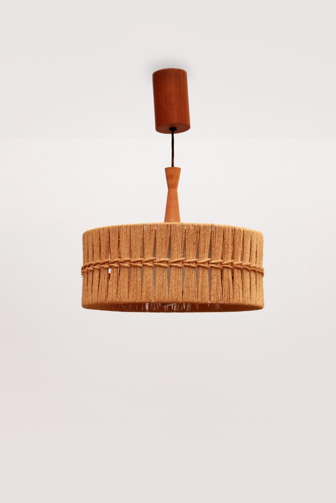 Vintage Hanging Lamp in Teak and Raffia from Temde, Germany, 1960s