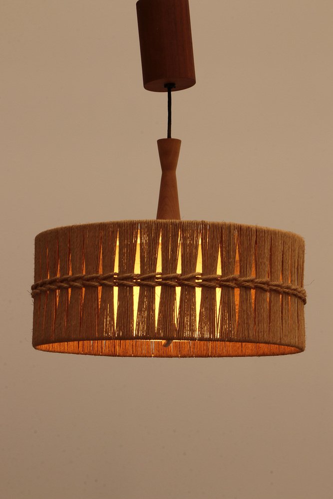 Vintage Hanging Lamp in Teak and Raffia from Temde, Germany, 1960s