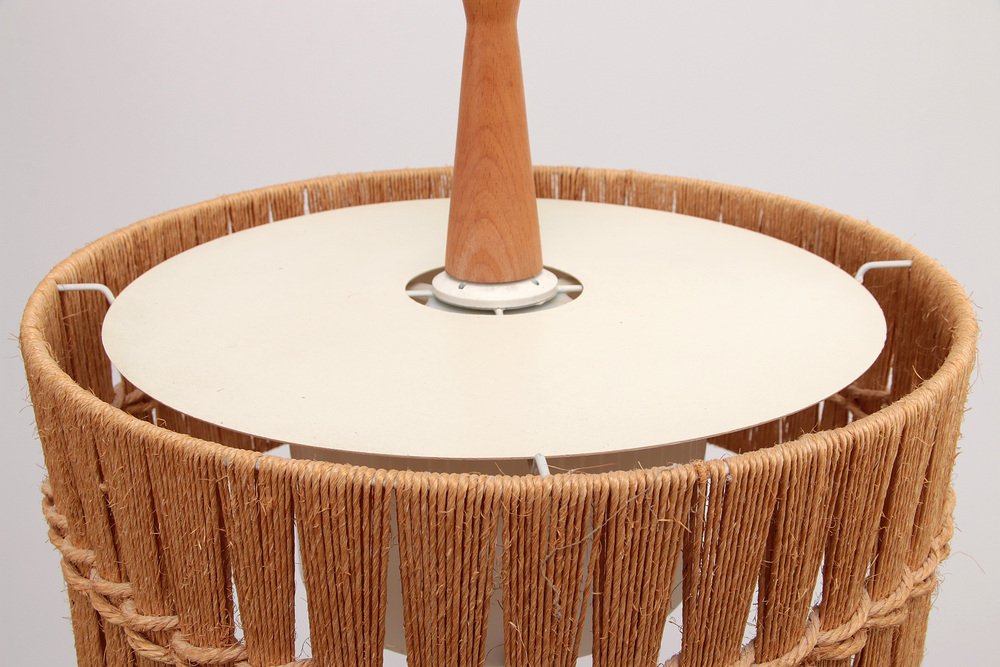 Vintage Hanging Lamp in Teak and Raffia from Temde, Germany, 1960s