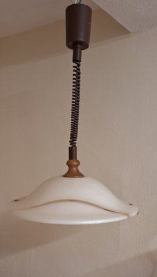 Vintage Height-Adjustable German Ceiling Lamp with Plastic Shade on an Oak Wood Mount from Aro-Leuchten, 1980s-HOI-2022557