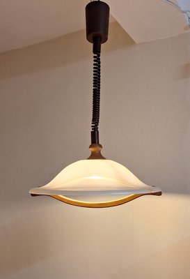 Vintage Height-Adjustable German Ceiling Lamp with Plastic Shade on an Oak Wood Mount from Aro-Leuchten, 1980s-HOI-2022557