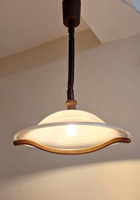 Vintage Height-Adjustable German Ceiling Lamp with Plastic Shade on an Oak Wood Mount from Aro-Leuchten, 1980s-HOI-2022557