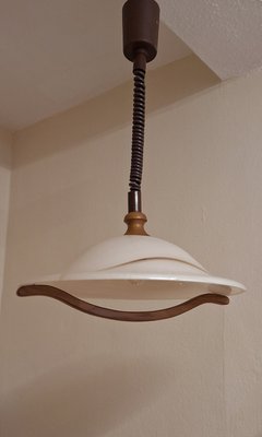 Vintage Height-Adjustable German Ceiling Lamp with Plastic Shade on an Oak Wood Mount from Aro-Leuchten, 1980s-HOI-2022557