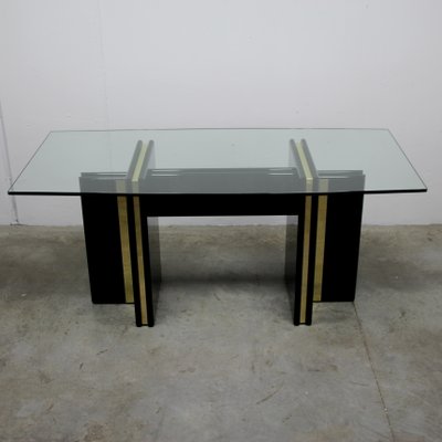 Vintage Hollywood Regency Black Lacquered Dining Table with Gold Trim and Glass Top-NE-904289