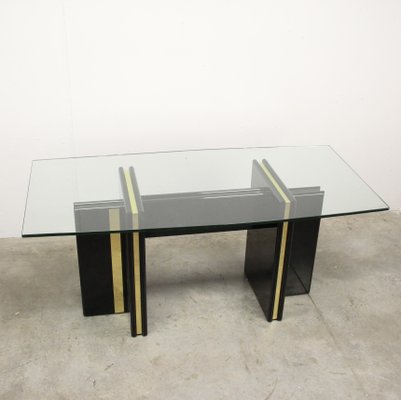 Vintage Hollywood Regency Black Lacquered Dining Table with Gold Trim and Glass Top-NE-904289