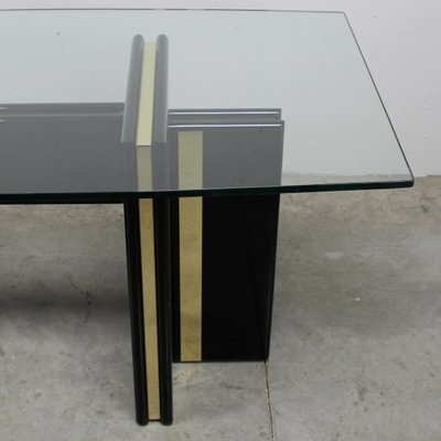 Vintage Hollywood Regency Black Lacquered Dining Table with Gold Trim and Glass Top-NE-904289