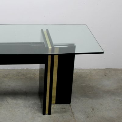 Vintage Hollywood Regency Black Lacquered Dining Table with Gold Trim and Glass Top-NE-904289