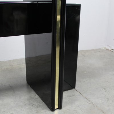 Vintage Hollywood Regency Black Lacquered Dining Table with Gold Trim and Glass Top-NE-904289