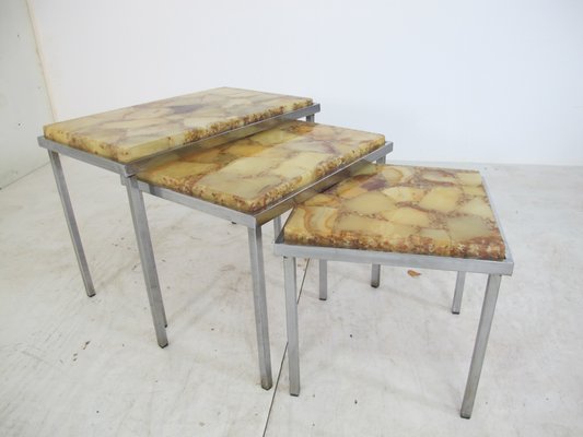 Vintage Hollywood Regency Chrome and Marble Nesting Tables, 1960s, Set of 3-DE-579203