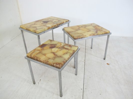 Vintage Hollywood Regency Chrome and Marble Nesting Tables, 1960s, Set of 3-DE-579203