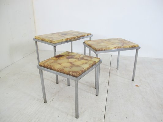 Vintage Hollywood Regency Chrome and Marble Nesting Tables, 1960s, Set of 3-DE-579203