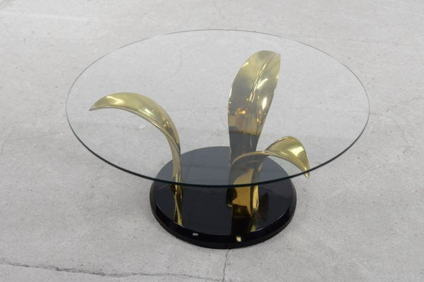 Vintage Hollywood Regency Glass & Brass Palm Leaf Cocktail Coffee Table, 1970s-ZAA-1286580