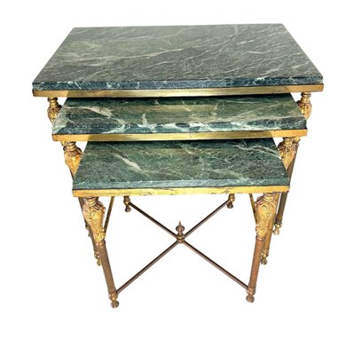 Vintage Hollywood Regency Side Tables in Brass with Green Marble Tops, 1970s, Set of 3-GWW-2043403