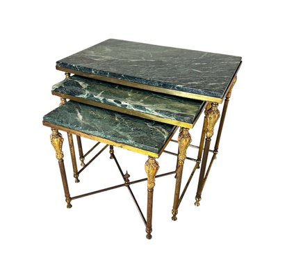 Vintage Hollywood Regency Side Tables in Brass with Green Marble Tops, 1970s, Set of 3-GWW-2043403