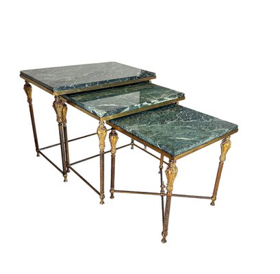 Vintage Hollywood Regency Side Tables in Brass with Green Marble Tops, 1970s, Set of 3-GWW-2043403