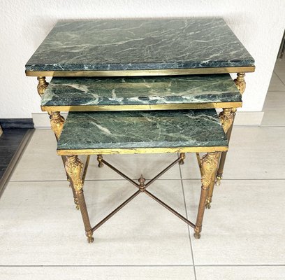 Vintage Hollywood Regency Side Tables in Brass with Green Marble Tops, 1970s, Set of 3-GWW-2043403