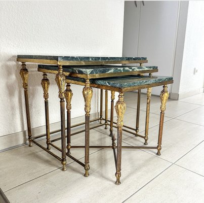 Vintage Hollywood Regency Side Tables in Brass with Green Marble Tops, 1970s, Set of 3-GWW-2043403