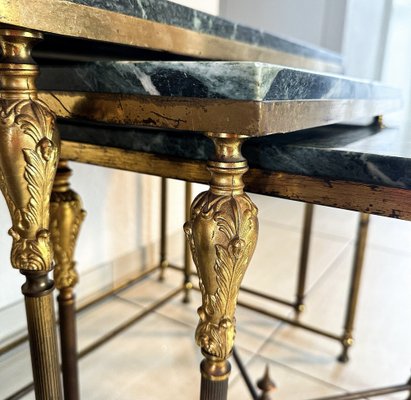 Vintage Hollywood Regency Side Tables in Brass with Green Marble Tops, 1970s, Set of 3-GWW-2043403