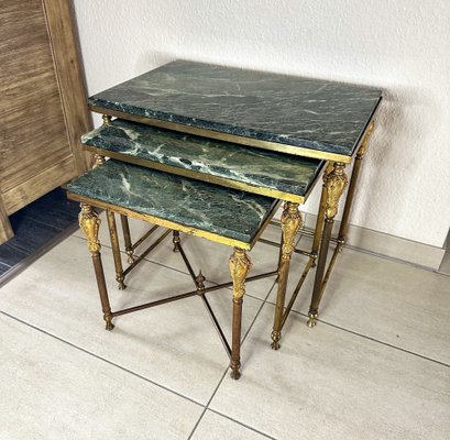 Vintage Hollywood Regency Side Tables in Brass with Green Marble Tops, 1970s, Set of 3-GWW-2043403