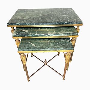 Vintage Hollywood Regency Side Tables in Brass with Green Marble Tops, 1970s, Set of 3-GWW-2043403