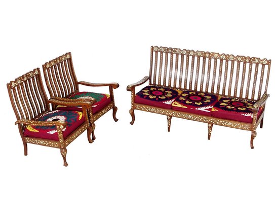 Vintage Indian Anglo Three-Piece Sofa Set with Silk Suzani Cover, 1960s, Set of 3-UZN-1397299