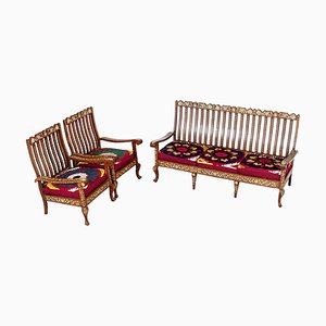 Vintage Indian Anglo Three-Piece Sofa Set with Silk Suzani Cover, 1960s, Set of 3-UZN-1397299