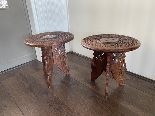 Vintage Indian Hand Carved Wooden Side Tables, Set of 2-DE-1311426