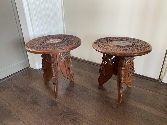 Vintage Indian Hand Carved Wooden Side Tables, Set of 2-DE-1311426