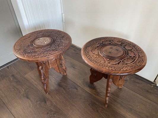 Vintage Indian Hand Carved Wooden Side Tables, Set of 2-DE-1311426