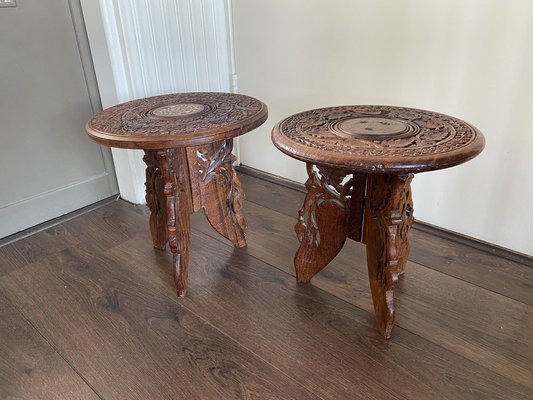 Vintage Indian Hand Carved Wooden Side Tables, Set of 2-DE-1311426