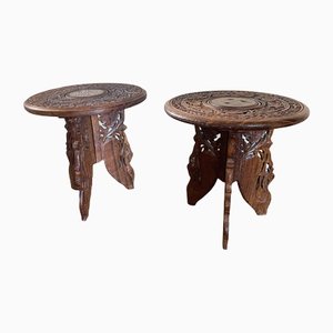 Vintage Indian Hand Carved Wooden Side Tables, Set of 2-DE-1311426